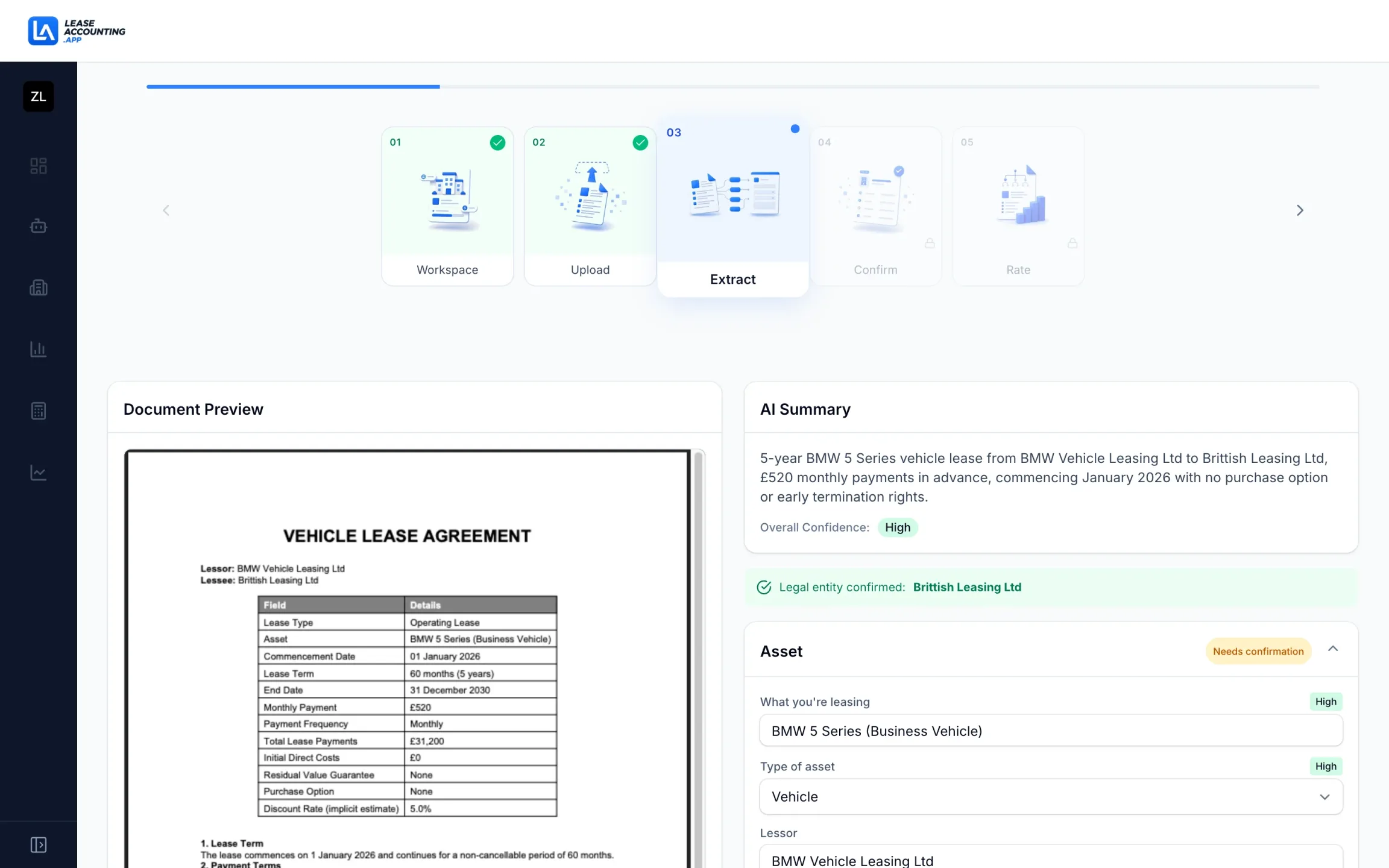 AI contract extraction in LeaseAccounting.app reads a vehicle lease PDF and drafts the lease with confidence scoring, ready for finance team review